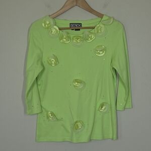 Vtg 90s Y2K Berek Lime Green Floral Applique Sequin Beaded Top S Artsy Fairy
